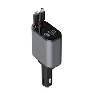 כבל מהיר USB C נשלף מטען לרכב תצוגת LED דיגיטלית 120W 4 ב-1 יציאות טעינה מרובות PD מטען לרכב לטלפון נייד