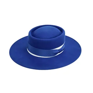 LINGLONG Chapeau Fedora bleu royal pour femmes Chapeau Femme Laine Fashion Stiff Flat Top Round Wide Brim Wool Bowler Hat