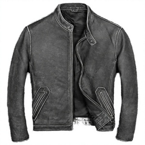 Blouson de motard en cuir véritable pour homme, style vintage, col montant, fermeture éclair, coupe droite, vêtement d'extérieur décontracté pour l'automne - Product Image 4