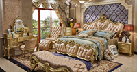Ensemble de lit de luxe haut de gamme européen, cadre doré champagne avec cuir, double lit en bois massif, style français pour chambre principale et villa