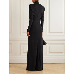 Lüks kadın gece elbisesi yüksek kalite uzun kollu Maxi elbise çevre dostu dokuma doğal bel düz boyalı - Product Image 4