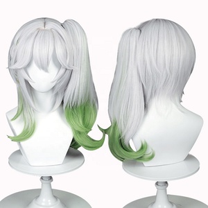 Perruque de cosplay <span class=keywords><strong>Nahida</strong></span> Genshin Impact Anime, 50 cm, longue, bouclée, argentée et verte, résistante à la chaleur, avec une queue de cheval, vente en gros - Product Image 2