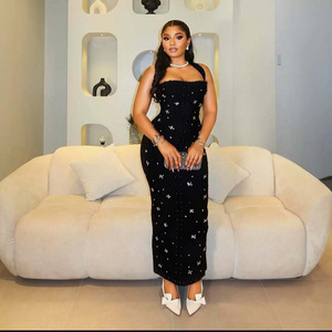 Abito Lungo <span class=keywords><strong>da</strong></span> <span class=keywords><strong>Sera</strong></span> <span class=keywords><strong>da</strong></span> <span class=keywords><strong>Donna</strong></span> di Lusso Nero Aderente con Allacciatura al Collo e Perline di Diamanti e Strass - Product Image 2