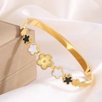 Bracelet jonc élastique à cinq feuilles, inaltérable, style européen classique, plaqué or 18 carats, géométrique, en ZIRCON et acier inoxydable