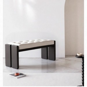 Banc minimaliste en bois massif avec coussin capitonné blanc, meuble pour salon, chambre à coucher, entrée, banc long - Product Image 4