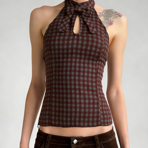 เสื้อครอปท็อปผู้หญิงลายสก็อต Y2K แบบผูกโบว์เว้าไหล่ทรงเข้ารูปแขนกุด เซ็กซี่สไตล์วินเทจสำหรับฤดูร้อนแฟชั่นสตรีทแวร์ - Product Image 1