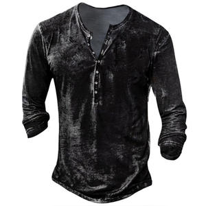 Venta al por mayor de encargo de los hombres Vintage Casual Henley Camisa de algodón poliéster manga corta rasgado y lavado abotonado Color sólido camiseta - Product Image 1