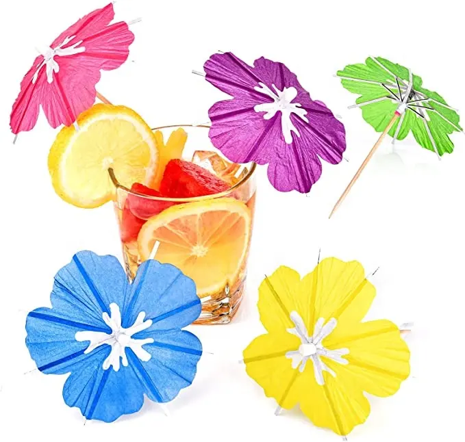 Hibiscus Flower Umbrellas Cocktail Picks Sticks Parasol Cocktail Umbrellas Sticks with Wood Toothpicks for Summer Party Decor