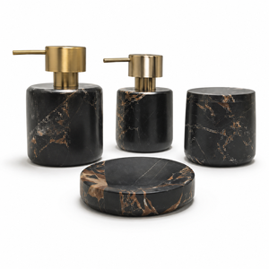 Juego de Accesorios de Baño de Mármol Portoro, Dispensador de Jabón de Piedra Natural Negra y Dorada, Accesorios de Baño Negros y Dorados - Product Image 1