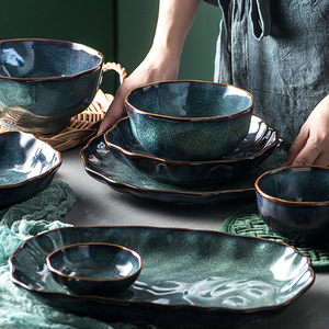 Creative Kiln Transformed Ceramic Tableware <b>Set</b> Unique Green Glaze Salad Bowl Dinner <b>Plate</b> <b>Sets</b> for Hotel Restaurant Dinnerware - Product Image 1