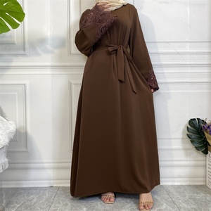 6659# Modern Dubai Lace Cuff Nida Abaya Front Zipper Solid Color Long Sleeve Modest Muslim Dress - Product Image 3