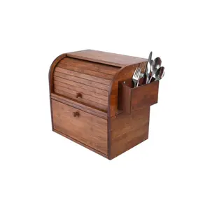 天然竹制面包盒适用于厨房台面组装卷顶面包储物容器，带银篮