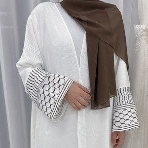 White Linen Embroidered <b>Abaya</b> Women Long Sleeve Loose Fit Muslim Robe for Daily <b>Prayer</b> Ramadan - Product Image 3