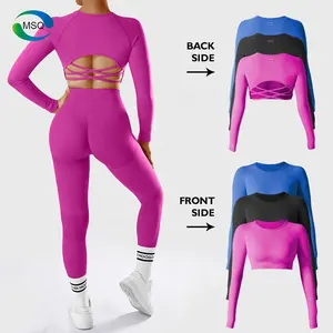 Women's Sportswear Gym Clothing Activewear Sexy Crossover Back Workout Top Women Long Sleeve Crop Top Yoga Fitness Top For Women