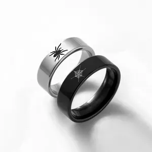 2 PCS/Set Punk Black Silver Spiders And Spider Webs Bague en acier inoxydable Halloween Couple Rings