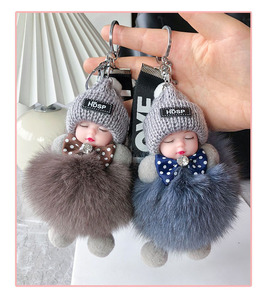 Sweet Cute Sleeping Baby Doll Keychain Pom Pom Rabbit Fur Ball Key Chain Fluffy Car Key Ring Bag Charm Gift Plush Fur Key Chains