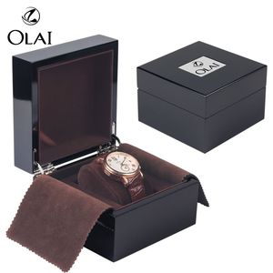 Scatola <span class=keywords><strong>per</strong></span> Orologi in <span class=keywords><strong>Legno</strong></span> Laccato Nero Lucido con Logo Personalizzato, Cuscino in Velluto Marrone all'Interno, Confezione <span class=keywords><strong>Regalo</strong></span> <span class=keywords><strong>per</strong></span> Orologi - Product Image 1