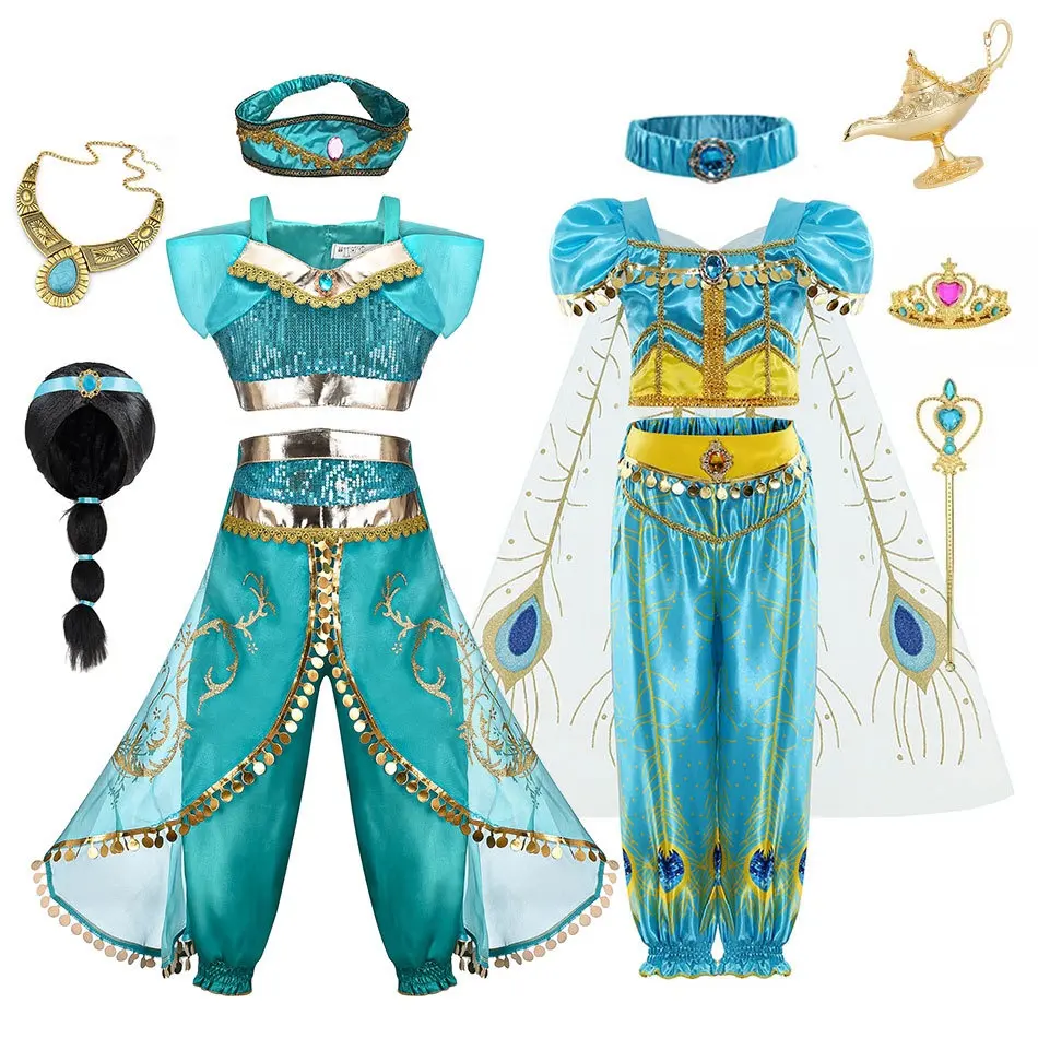 AmzBarley Karnaval Klasik Aladdin Putri Berdandan Lampu Ajaib Pesta Ulang Tahun Anak Perempuan Jasmine Kostum Cosplay Atasan + Celana + Ikat Kepala
