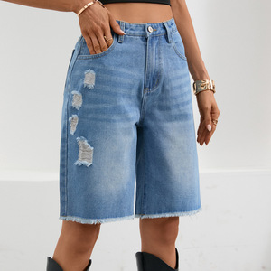Shorts en <span class=keywords><strong>jean</strong></span> déchiré taille haute pour <span class=keywords><strong>femme</strong></span>, coupe droite, ourlet brut, longueur <span class=keywords><strong>mi</strong></span>-cuisse, décontracté, été - Product Image 1