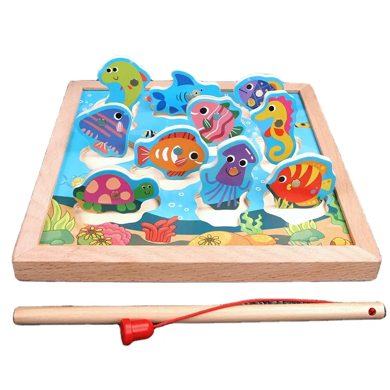 High quality colorful animal fish magnetic kids wooden toys hot sale double sided fishing indoor games for early education child