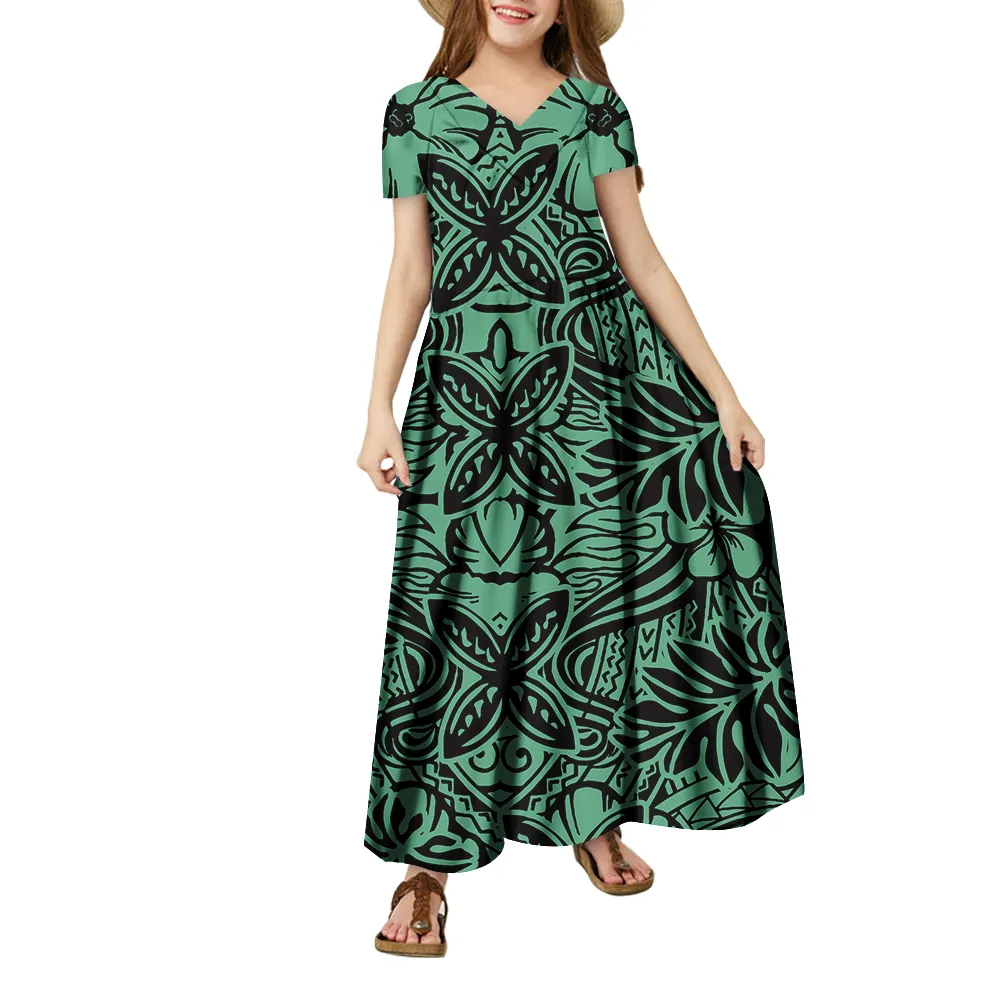 Beste Prijs Groothandel Melanesia Tapa Ontwerp V-hals Kids Jurk Polynesische Hawaii Tribal Print Korte Mouwen Maxi Jurken Voor Meisjes