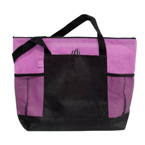 Sac fourre-tout promotionnel en polyester, sac de shopping carré avec poches en filet, mélange de couleurs violet et noir - Product Image 4