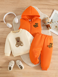 Ensemble 3 pièces unisexe pour bébé (6M-3T) : <span class=keywords><strong>Gilet</strong></span> à capuche zippé, sweat-shirt et pantalon de jogging avec applique ours en peluche – Vente en gros - Product Image 2