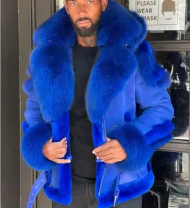 Toptan fabrika yeni tasarlanmış erkek örme peluş ceket kış mavi büyük peluş yaka kapşonlu sıcak tutan kaban