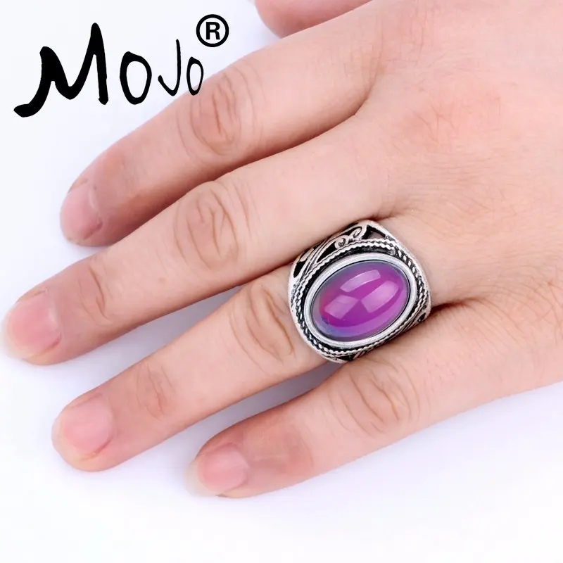 Personalized Designs Vintage Alloy Single Antique Silver Plated Magic Color Changing Oval Stone Emotion Mood Ring for Women
