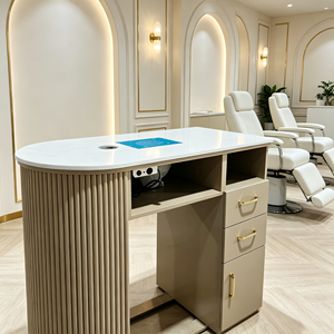 Table de manucure double poste avec aspirateur de poussière, plateau en pierre blanche, panneau cannelé, pour salon de beauté et spa des ongles - Product Image 4