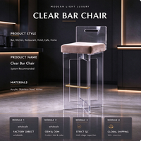 Tabouret de bar en acrylique transparent avec coussin en velours doux, repose-pieds en acier inoxydable doré brossé, chaise de bar transparente pour bar à domicile, café
