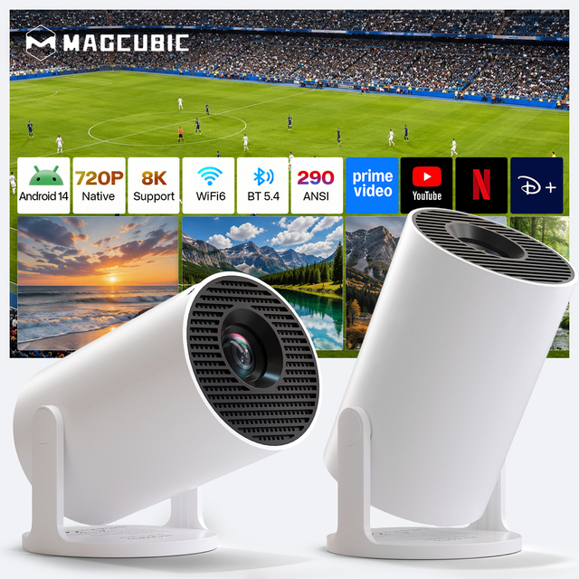 8K & Android 14 Smart 720P Pocketable Portable Projector for HY300 Pro 290 ANSI Manual Focus Auto Keystone WiFi 6 BT5.4