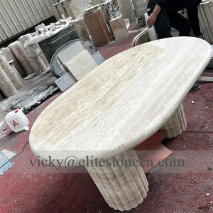 Table à manger de haute qualité en pierre solide beige travertin avec base en flûte pour la maison, le restaurant ou l'hôtel - Product Image 6