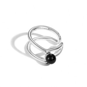 Dylam Stylish Fine Jewelry S925 Silver Rhodium Plated Double Layer Black Onyx Gemstone Jewelry <b>Open</b> <b>Rings</b> for Women - Product Image 1