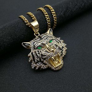Collier pendentif tête de tigre Yunnique en acier inoxydable plaqué or avec sertissage pavé, bijoux hip-hop pour homme, cadeau - Product Image 2