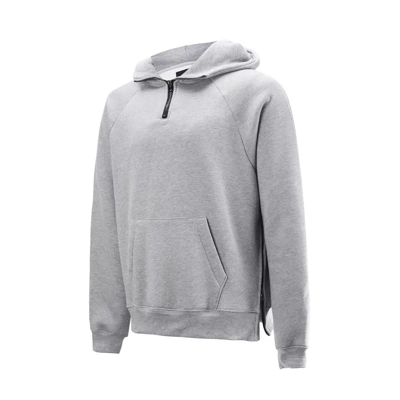 high quality wholesale custom logo pullover side zipper sports grey fleece hoodies gym wear men