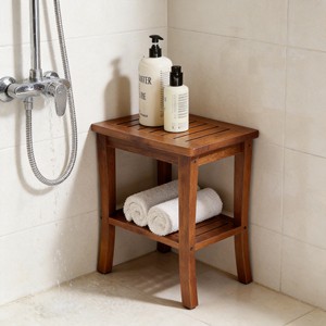 Tabouret de salle de bain double couche en teck 28,4x43x45 cm, banc de douche avec rangement pour adultes et personnes âgées - Product Image 1