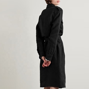 Produttore di abbigliamento personalizzato primavera autunno nero collo a Polo manica lunga con cintura da donna in <span class=keywords><strong>Tulle</strong></span> di lino - Product Image 2