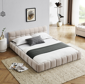 Modern <b>Queen</b> <b>Size</b> Adjustable Oak Frame Upholstered <b>Bed</b> with Thick Chenille Fabric Grounded Platform <b>Bed</b> and Headboard - Product Image 1