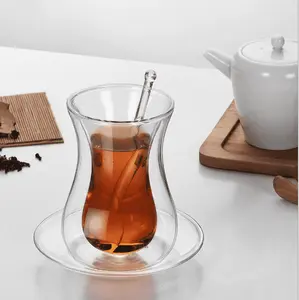 Double Wall Insulated Glass Coffee Tea Cup Set with Spoon and Handle 150ml Double Glass Wall Design Clear Coffee Mugs Set