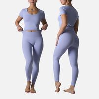 Ensemble de sport SK5127&SK5122 pour femme : haut à manches courtes col rond et legging taille haute, sans couture, très extensible, confortable, effet push-up 3D