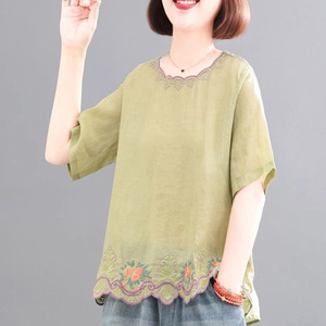 Women's Cotton <b>Linen</b> Short Sleeve <b>Top</b> Emerald Green Embroidery Vintage Casual Blouse Plus Size Summer Loose Fit T-Shirt - Product Image 2