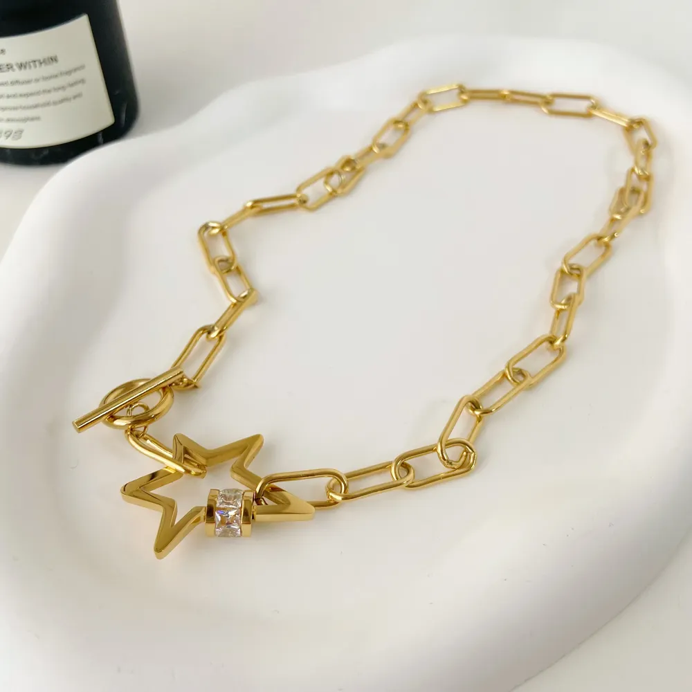 Pentagramma OT collana a catena gioielli placcatura in acciaio al titanio Set di conservazione del colore dell'oro reale catena con collare in acciaio inossidabile allo zirconio
