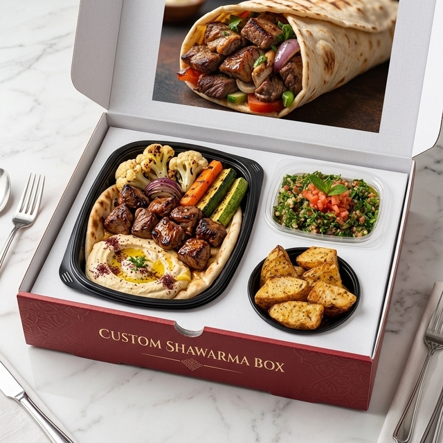 Custom Printed Greaseproof Corrugated Paper Arabi Meal Combo Packaging Takeaway Compartment Luxury Arabic Shawarma Box