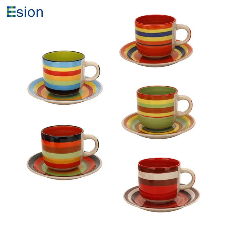Wholesale Cheap Ceramic Cup and Saucer 12pcs Hand Painted Stoneware Tea Cups Saucers set
