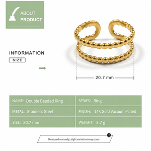 Anillo Ajustable de Acero Inoxidable con Doble Perla, Chapado al Vacío en Oro de 14K, Color Oro y Plata, Joyería Abierta - Product Image 5