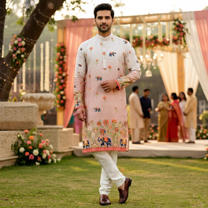 Kurta Floral Reversible de Secado Rápido para Hombre, Estilo Tradicional Indio/Pakistaní, para Bodas y Fiestas, Corte Regular, Largo hasta la Rodilla, de Algodón - Product Image 1