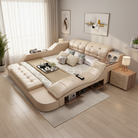 Lit Double Électrique Moderne Minimaliste en Cuir avec Fonction Massage, Lit Intelligent Portable avec Rangement et Cadre en Bois