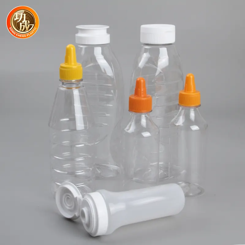 250Ml 500Ml 1000Ml Botol Sirup Madu Plastik PET Food Grade Botol Saus Peras Plastik Bening dengan Tutup Atas Flip