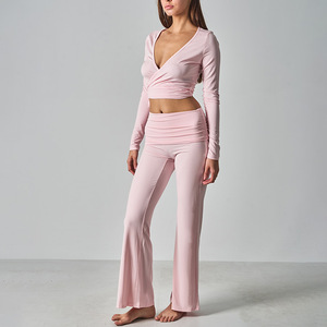 SUHE Top de Yoga de Manga Larga de Modal de Alta Densidad con Tirantes y Pantalones Holgados de Cintura Alta, Suaves al Tacto, Rosa/Blanco Hueso/Negro - Product Image 2
